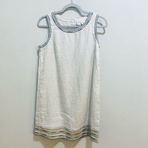 NWT Off White Linen Sleeveless Dress. Embroidered trim. Scoop neck.